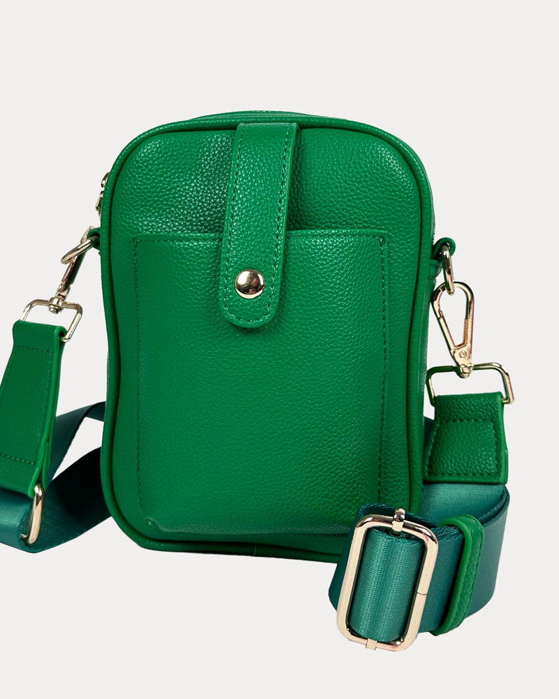 Maya Crossbody in Kelly Vegan Pebble Leather with a crossbody bag strap and gold trim.