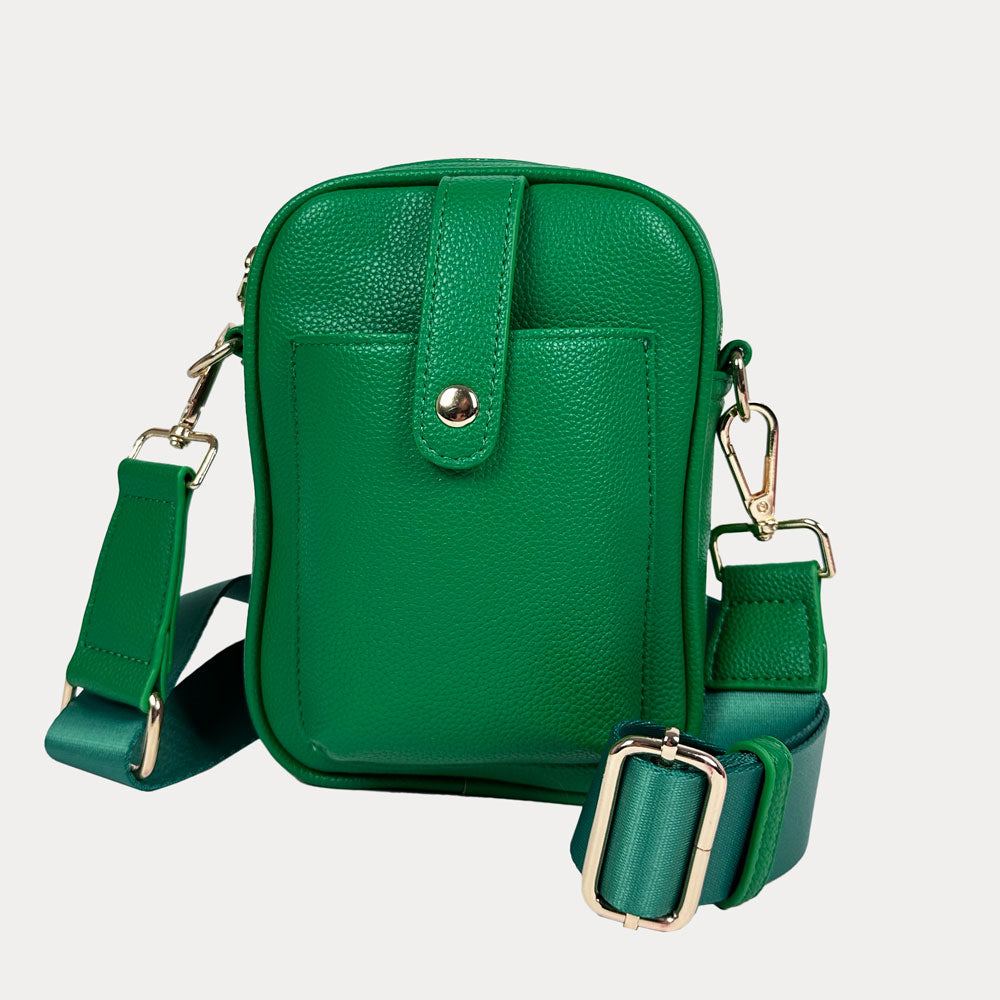 Maya Crossbody in Kelly Vegan Pebble Leather with a crossbody bag strap and gold trim.