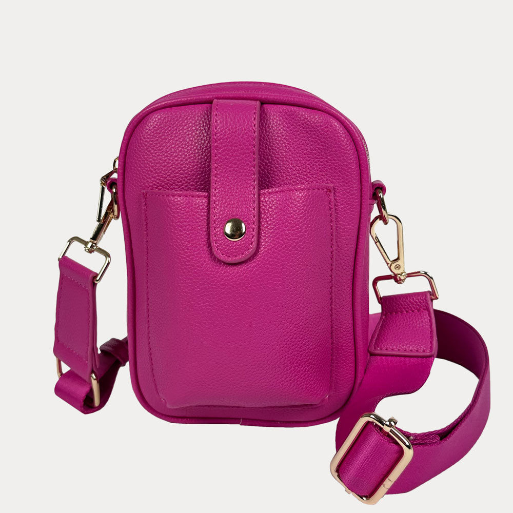 Maya Crossbody in Raspberry Vegan Pebble Leather with a crossbody bag strap and gold trim.