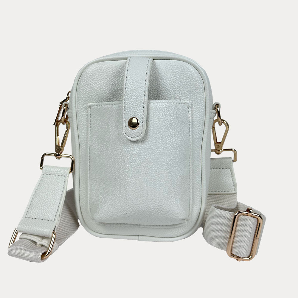 Maya Crossbody in White Vegan Pebble Leather with a crossbody bag strap and gold trim.