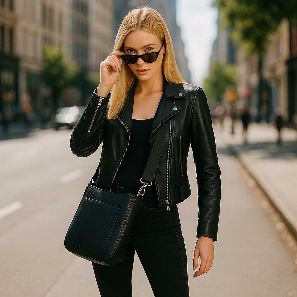Woman in a black leather jacket and sunglasses on a city street