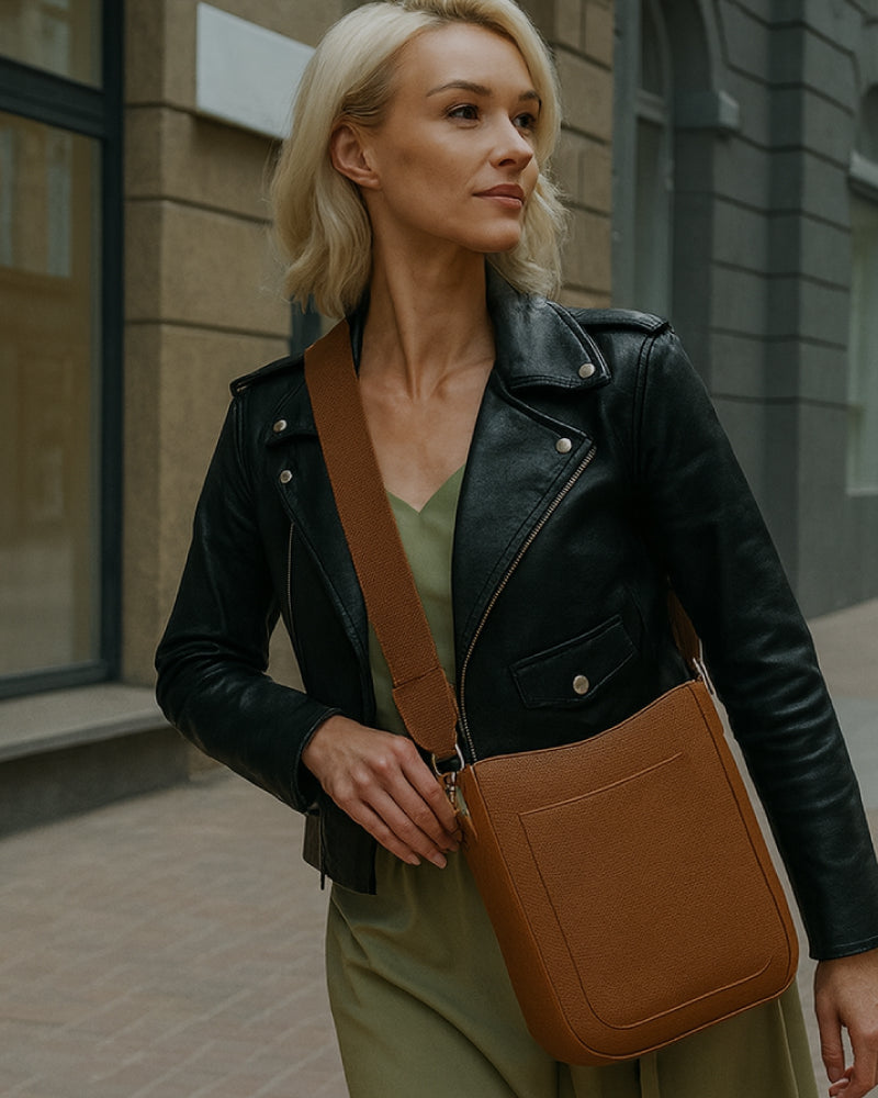 Woman walking down a city street, wearing a camel crossbody handbag.
