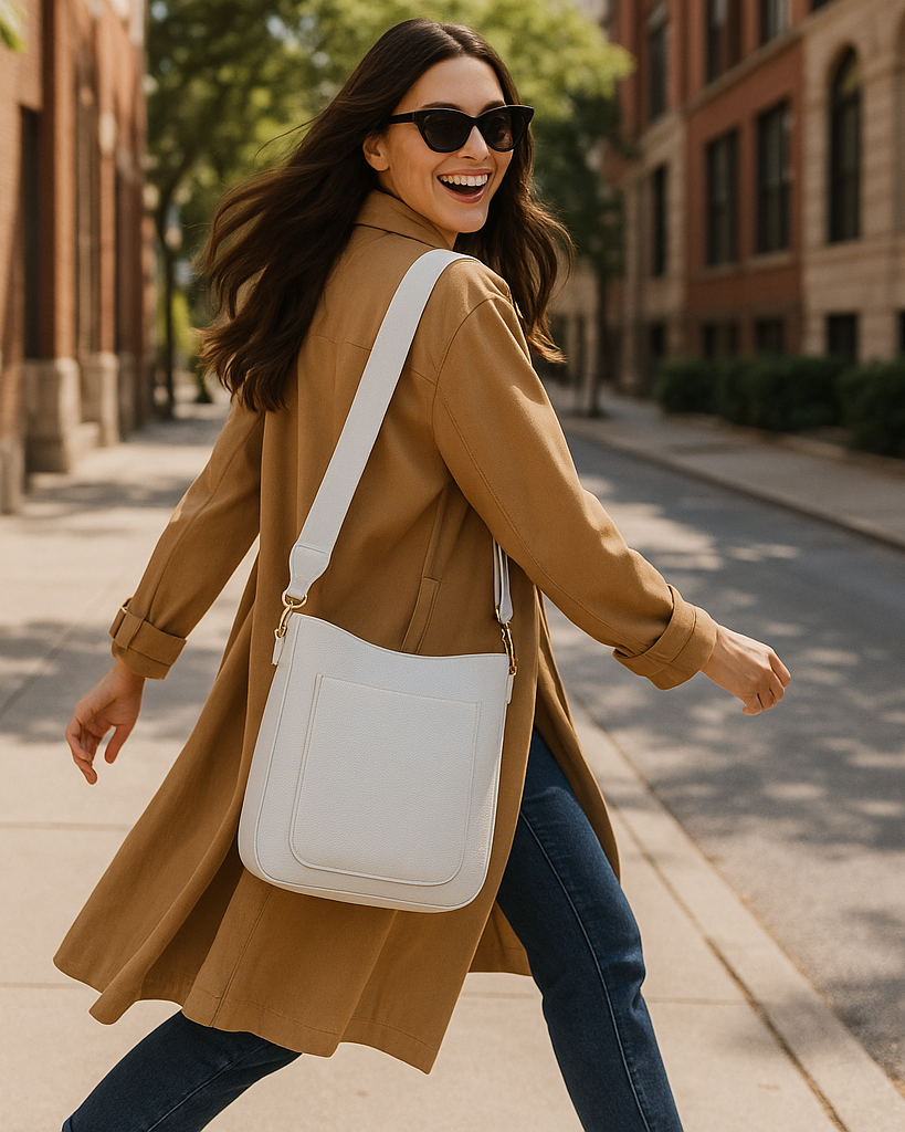 Woman walking on a sidewalk wearing a tan coat and sunglasses, carrying a cream bag.