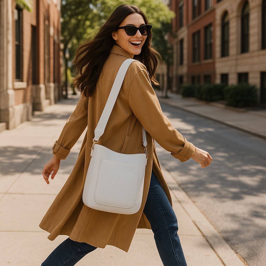Woman walking on a sidewalk wearing a tan coat and sunglasses, carrying a cream bag.