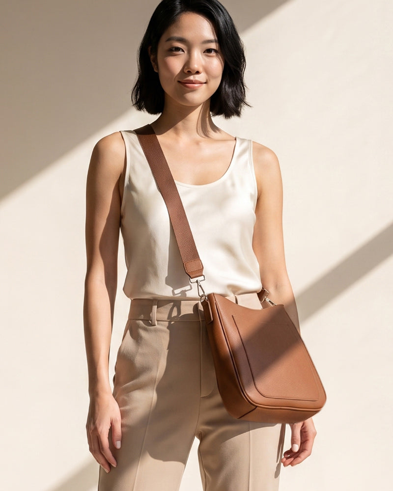 Woman wearing a Camel colored crossbody bag on a neutral background