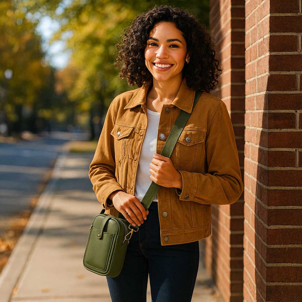 Woman in a brown jacket wearing a army bag on a sidewalk with brick wall and trees in the background