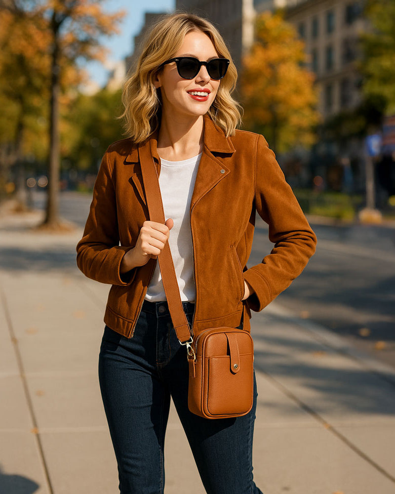 Woman in a brown jacket and sunglasses walking on a sidewalk with trees and buildings in the background wearing a camel crossbody bag