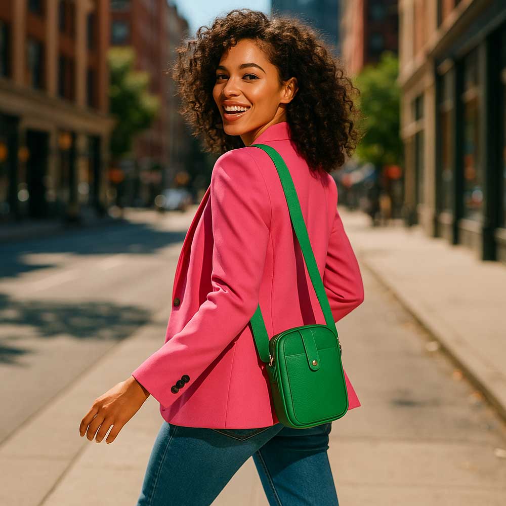 Woman in a pink blazer with a green bag walking on a city street.
