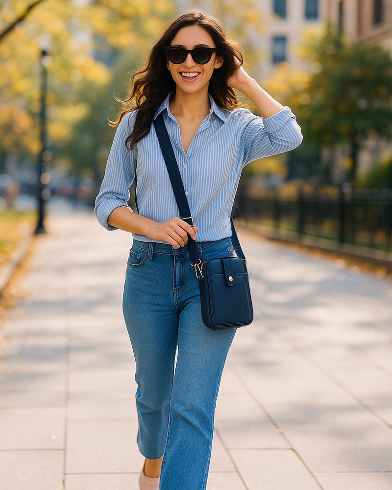Woman walking in the park, wearing a navy crossbody bag