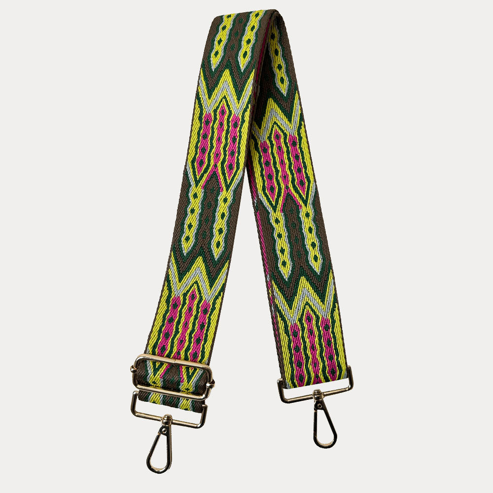 Army, Pink, Yellow patterned strap with gold hardware on a light grey background