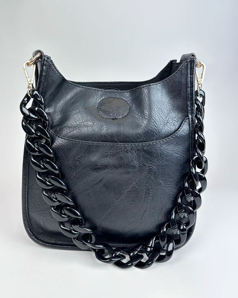 Grey handbag with black resin chain bag strap