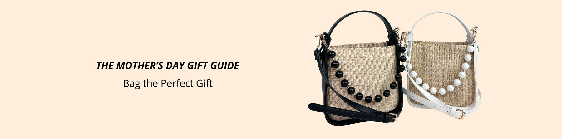 Text: Mother's Day Gift Guide. Bag the perfect gift. Image: Carly Raffia Bag in Black and White.
