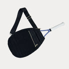 Piper Quilted Nylon Tennis Racket Bag in Black, shown with matching adjustable strap