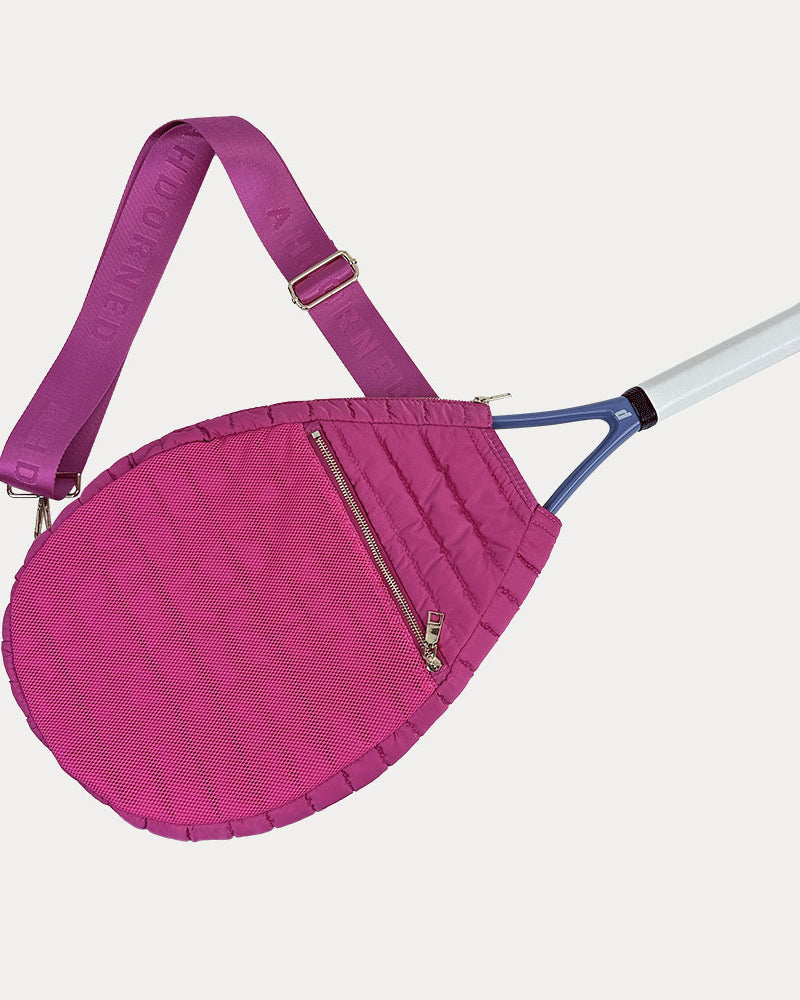 Piper Quilted Nylon Tennis Racket Bag in Pink, shown with matching adjustable strap