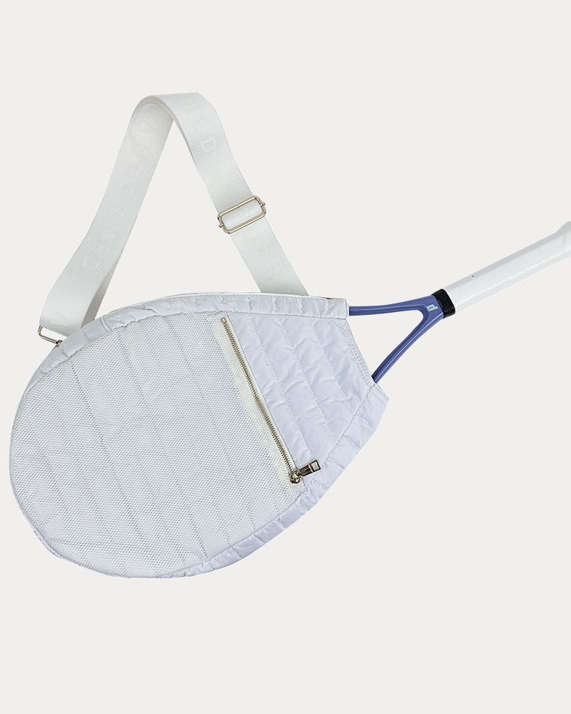 Piper Quilted Nylon Tennis Racket Bag in White, shown with matching adjustable strap