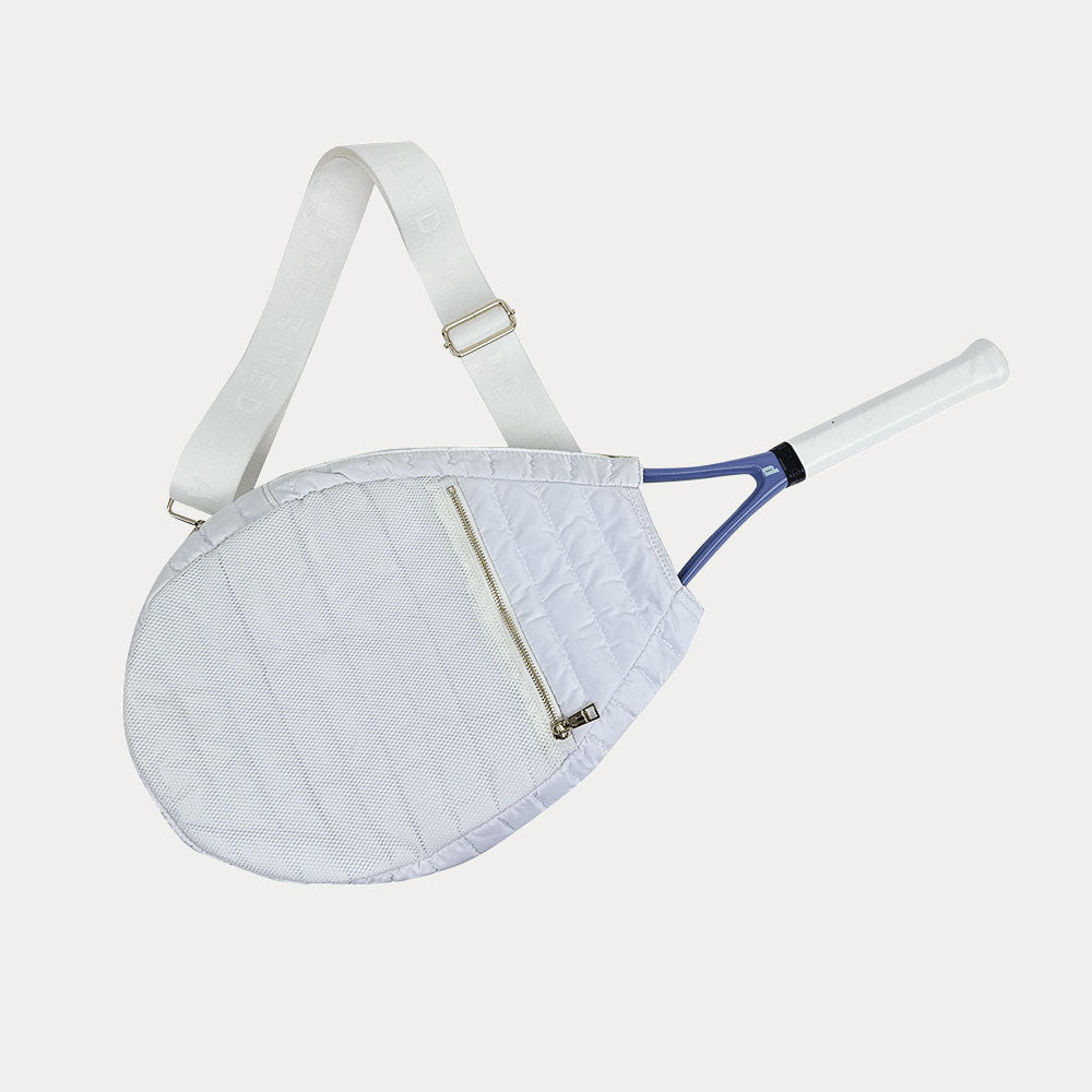 Piper Quilted Nylon Tennis Racket Bag in White, shown with matching adjustable strap