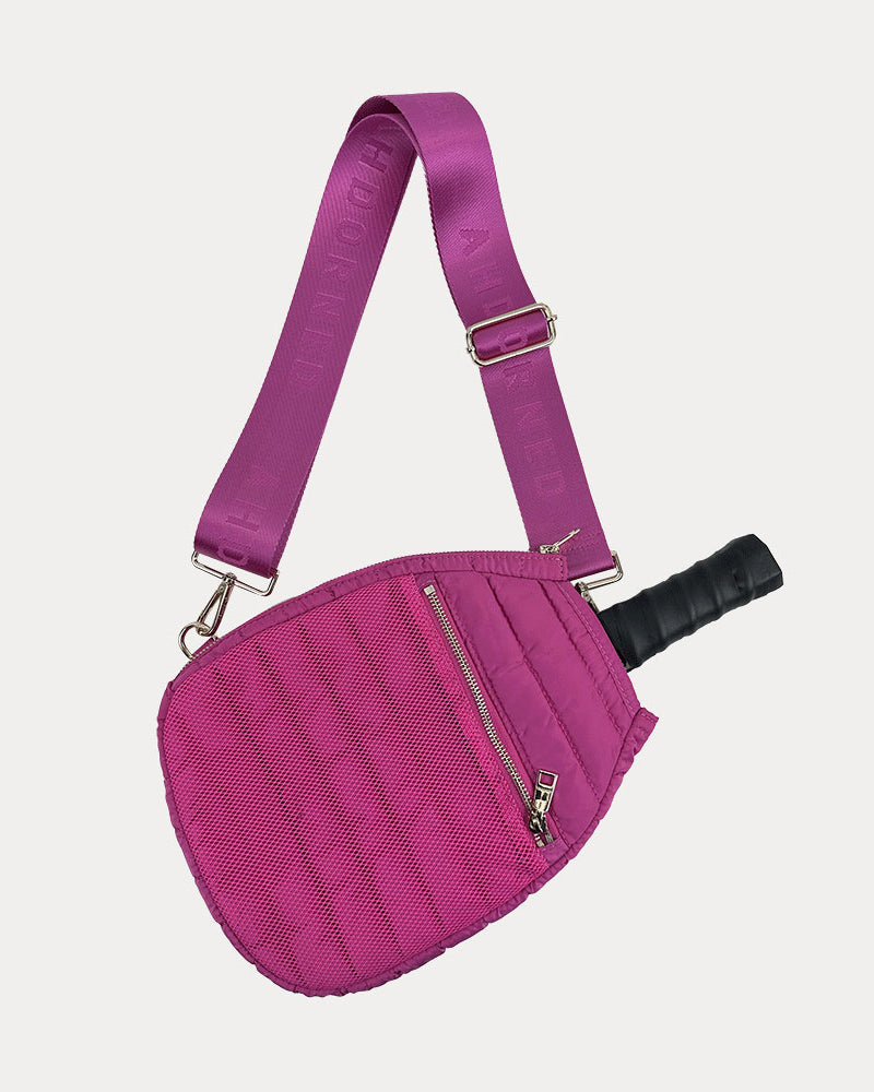 Poppy Quilted Nylon Pickleball Paddle Bag in Pink, shown with matching adjustable strap