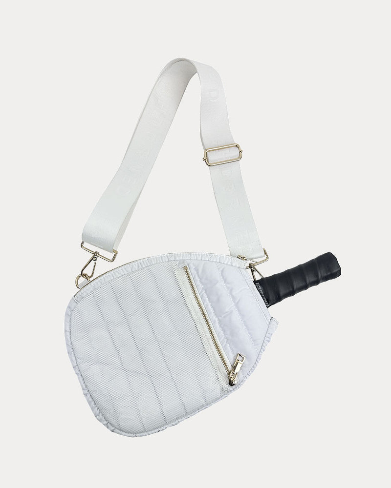 Poppy Quilted Nylon Pickleball Paddle Bag in White, shown with matching adjustable strap