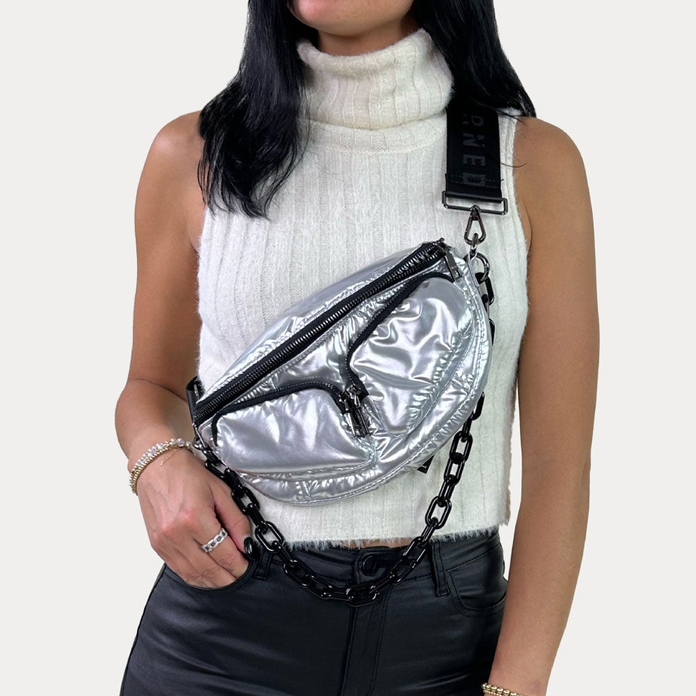 woman wearing the Rachel Nylon Sling bag in Silver as a crossbody bag