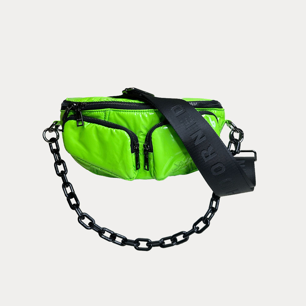 Rachel Nylon Sling Bag in Green, shown with resin chain and black adjustable strap
