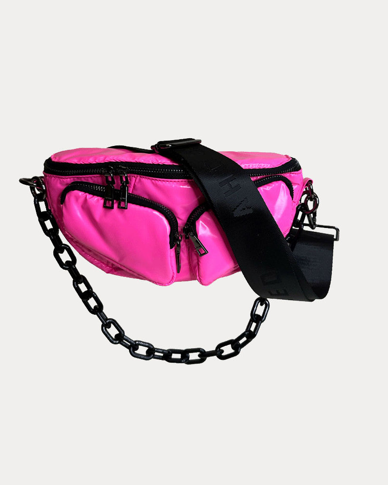Rachel Nylon Sling Bag in Pink, shown with resin chain and black adjustable strap
