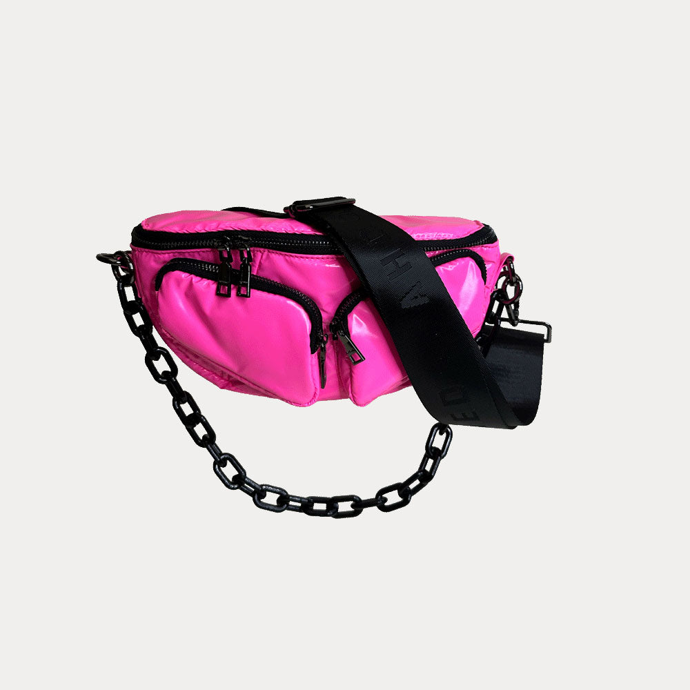 Rachel Nylon Sling Bag in Pink, shown with resin chain and black adjustable strap