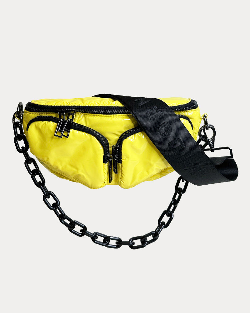 Rachel Nylon Sling Bag in Yellow, shown with resin chain and black adjustable strap