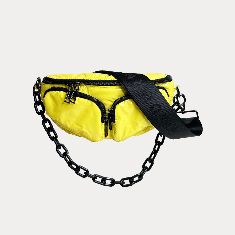 Rachel Nylon Sling Bag in Yellow, shown with resin chain and black adjustable strap