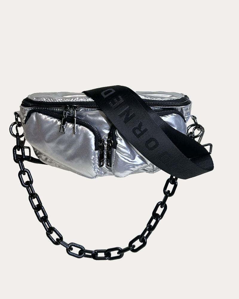 Rachel Nylon Sling Bag in Silver, shown with resin chain and black adjustable strap