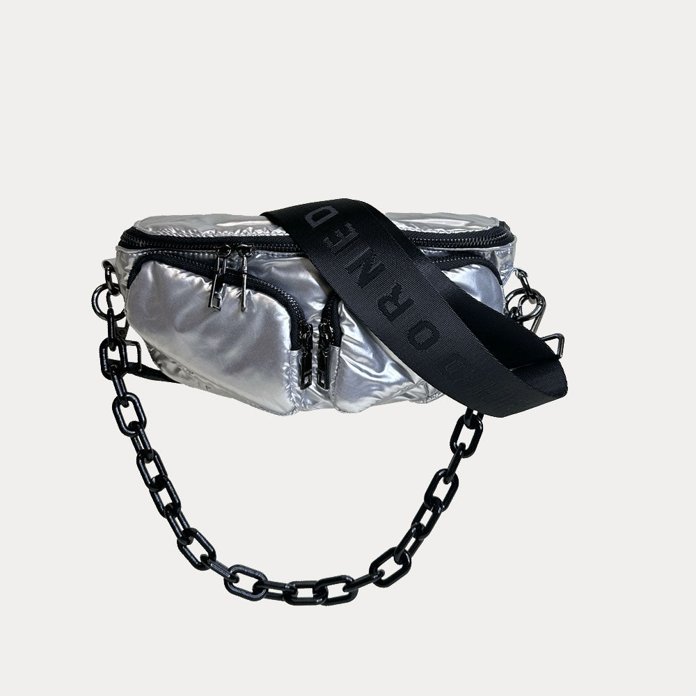 Rachel Nylon Sling Bag in Silver, shown with resin chain and black adjustable strap