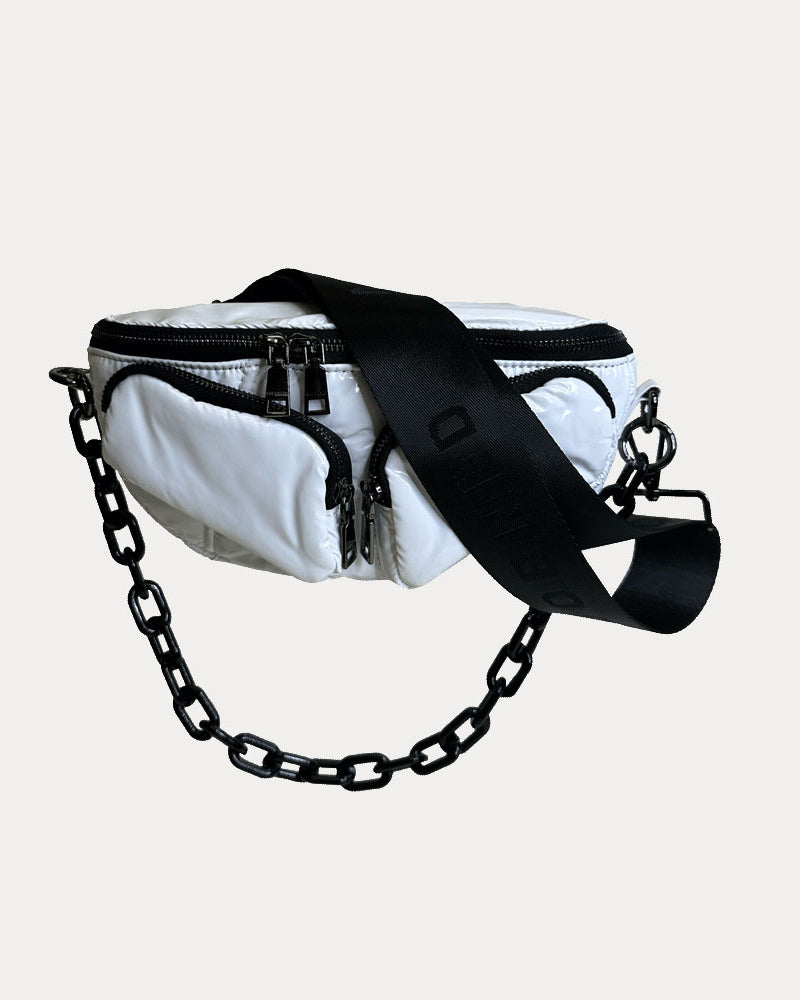 Rachel Nylon Sling Bag in White, shown with resin chain and black adjustable strap