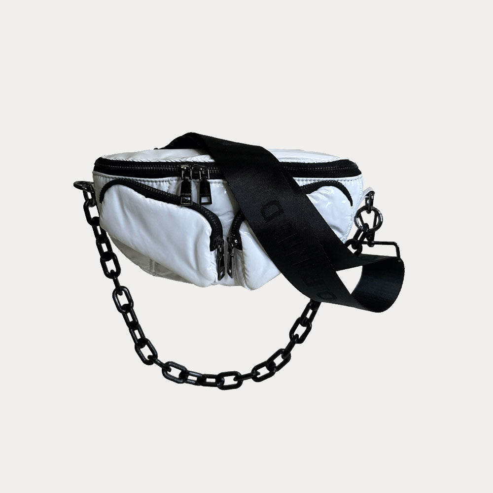 Rachel Nylon Sling Bag in White, shown with resin chain and black adjustable strap