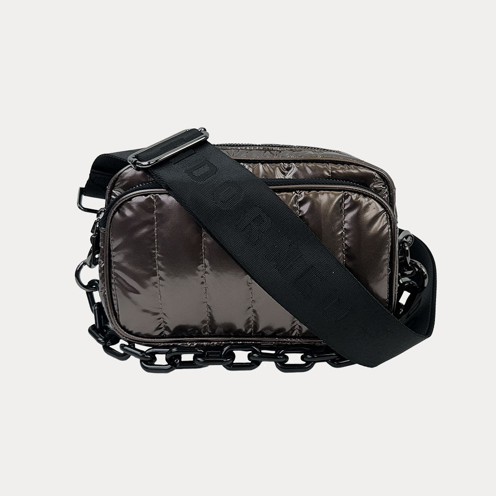 Ramona Quilted Nylon Crossbody in Bronze, shown with resin chain and black adjustable strap