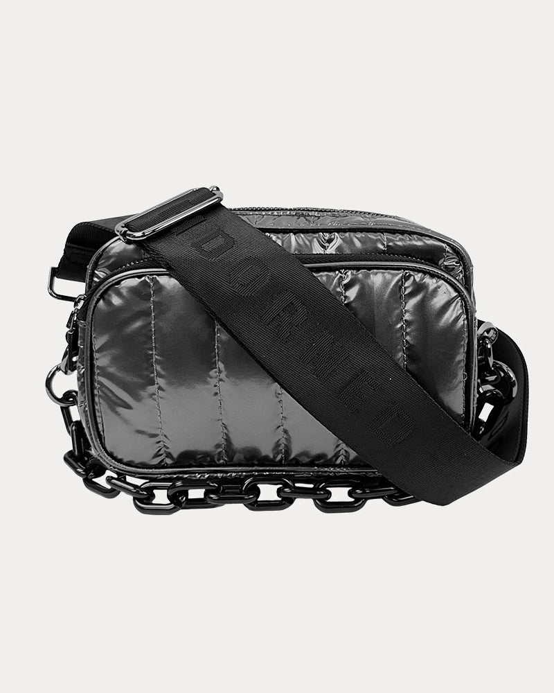 Ramona Quilted Nylon Crossbody in Pewter, shown with resin chain and black adjustable strap