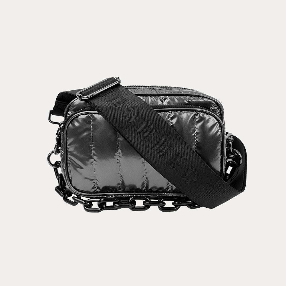 Ramona Quilted Nylon Crossbody in Pewter, shown with resin chain and black adjustable strap