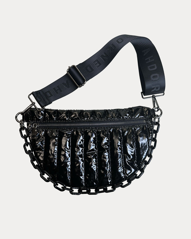 Reese Quilted Nylon Sling in Black, shown with resin chain and black adjustable strap