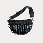 Reese Quilted Nylon Sling in Black, shown with resin chain and black adjustable strap