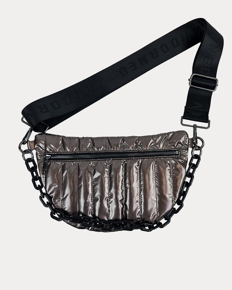 Reese Quilted Nylon Sling in Bronze, shown with resin chain and black adjustable strap