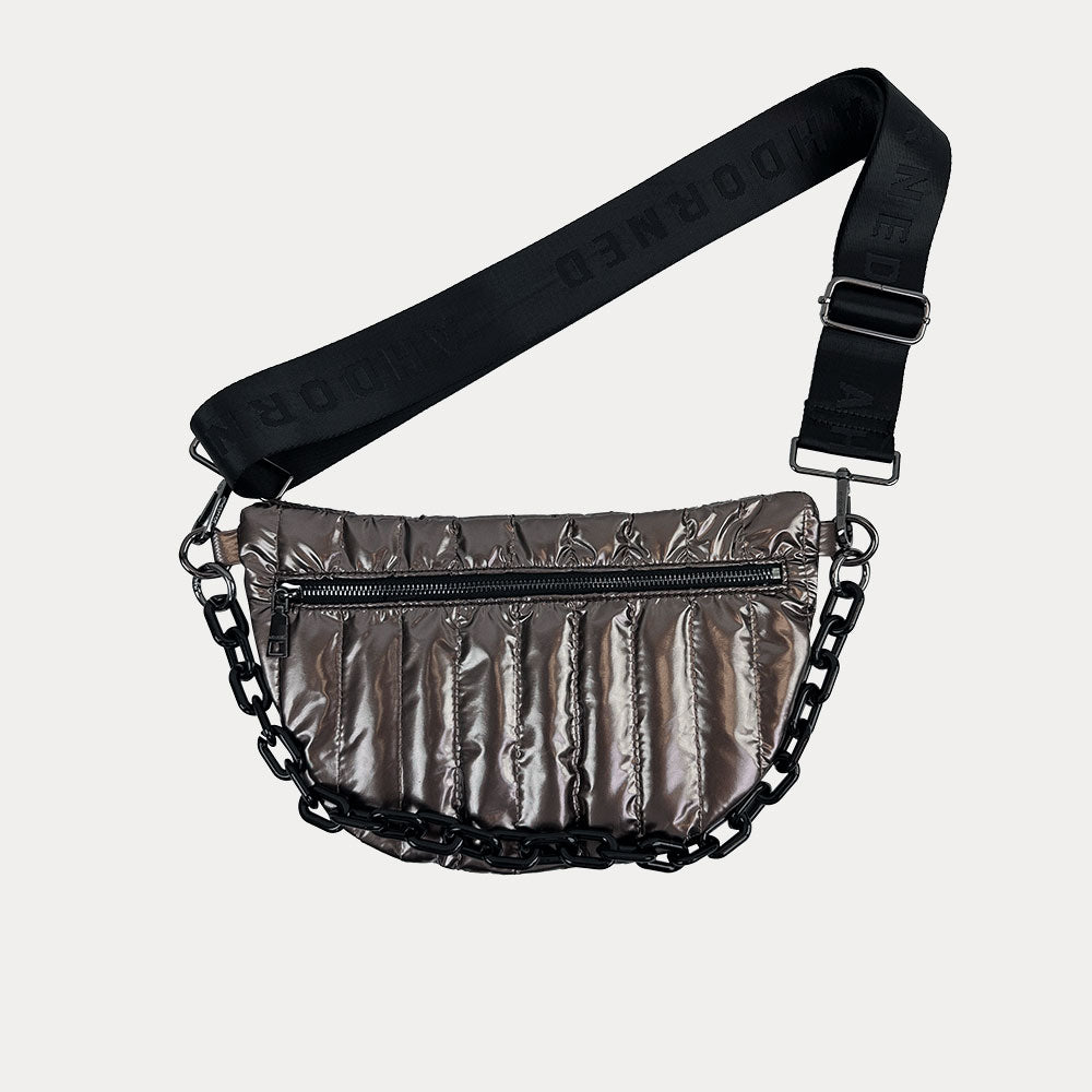 Reese Quilted Nylon Sling in Bronze, shown with resin chain and black adjustable strap