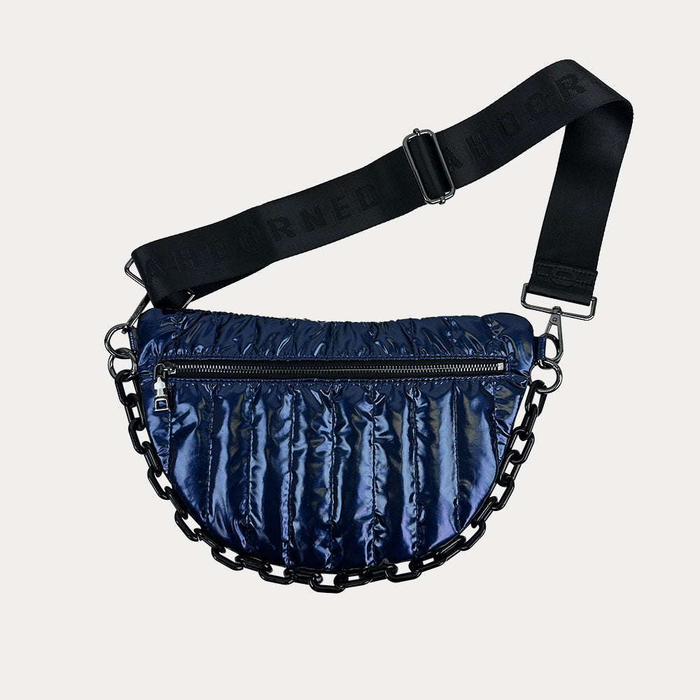 Reese Quilted Nylon Sling in Navy, shown with resin chain and black adjustable strap