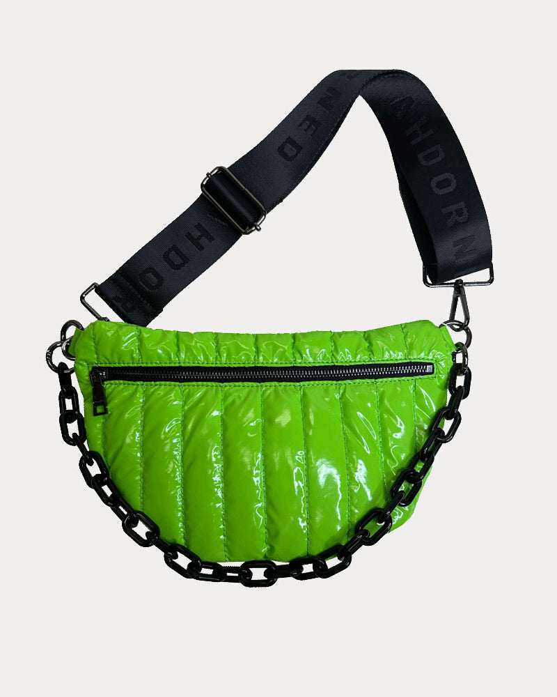 Reese Quilted Nylon Sling in Green, shown with resin chain and black adjustable strap