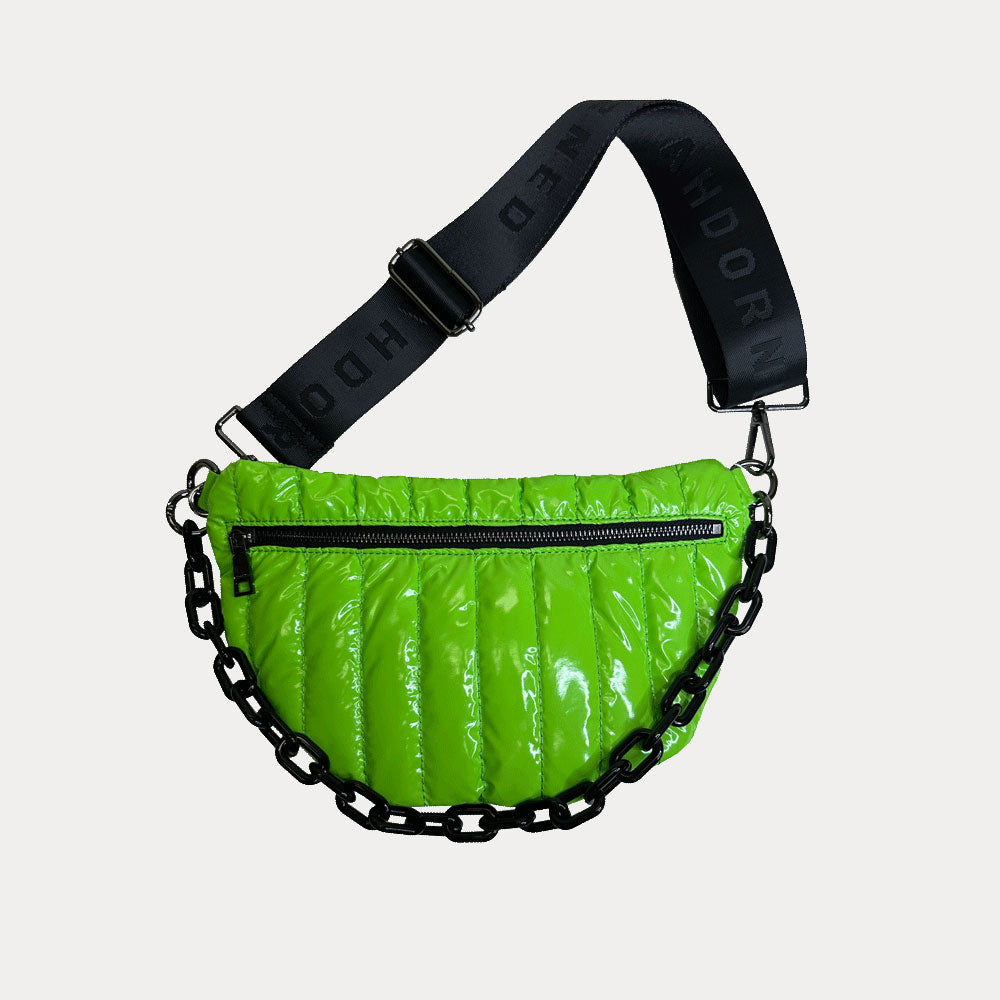 Reese Quilted Nylon Sling in Green, shown with resin chain and black adjustable strap