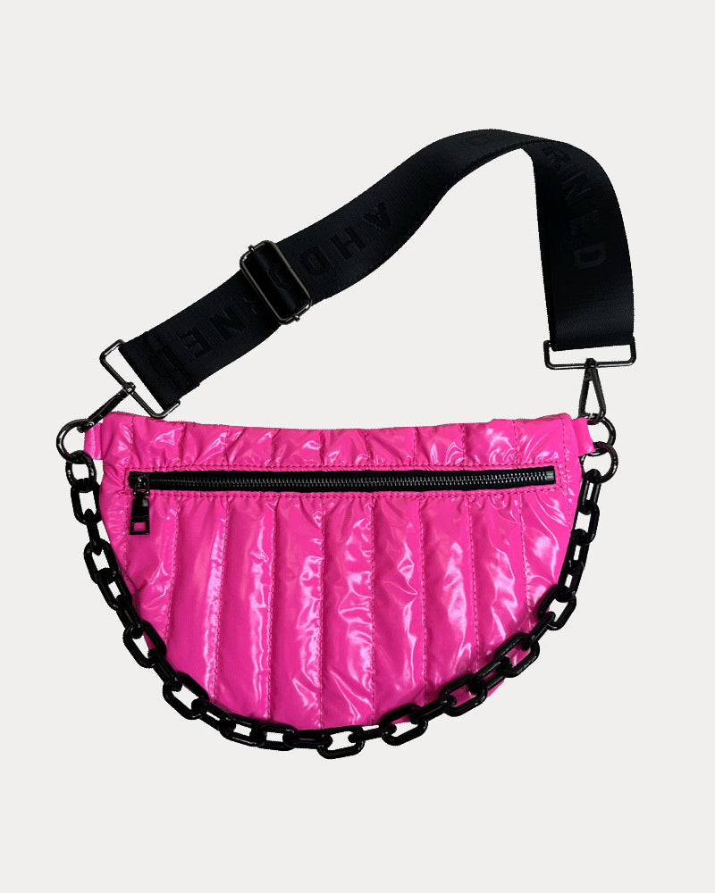 Reese Quilted Nylon Sling in Pink, shown with resin chain and black adjustable strap