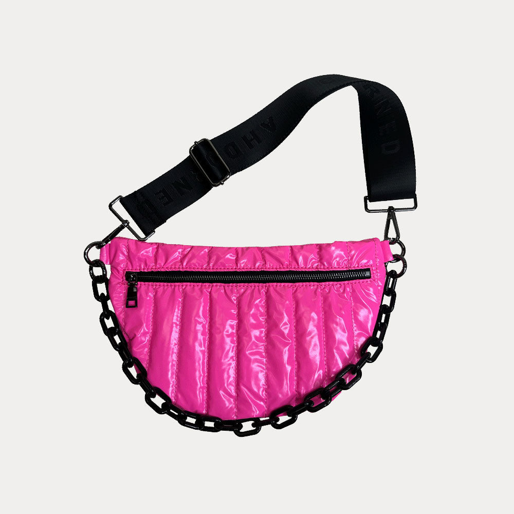Reese Quilted Nylon Sling in Pink, shown with resin chain and black adjustable strap
