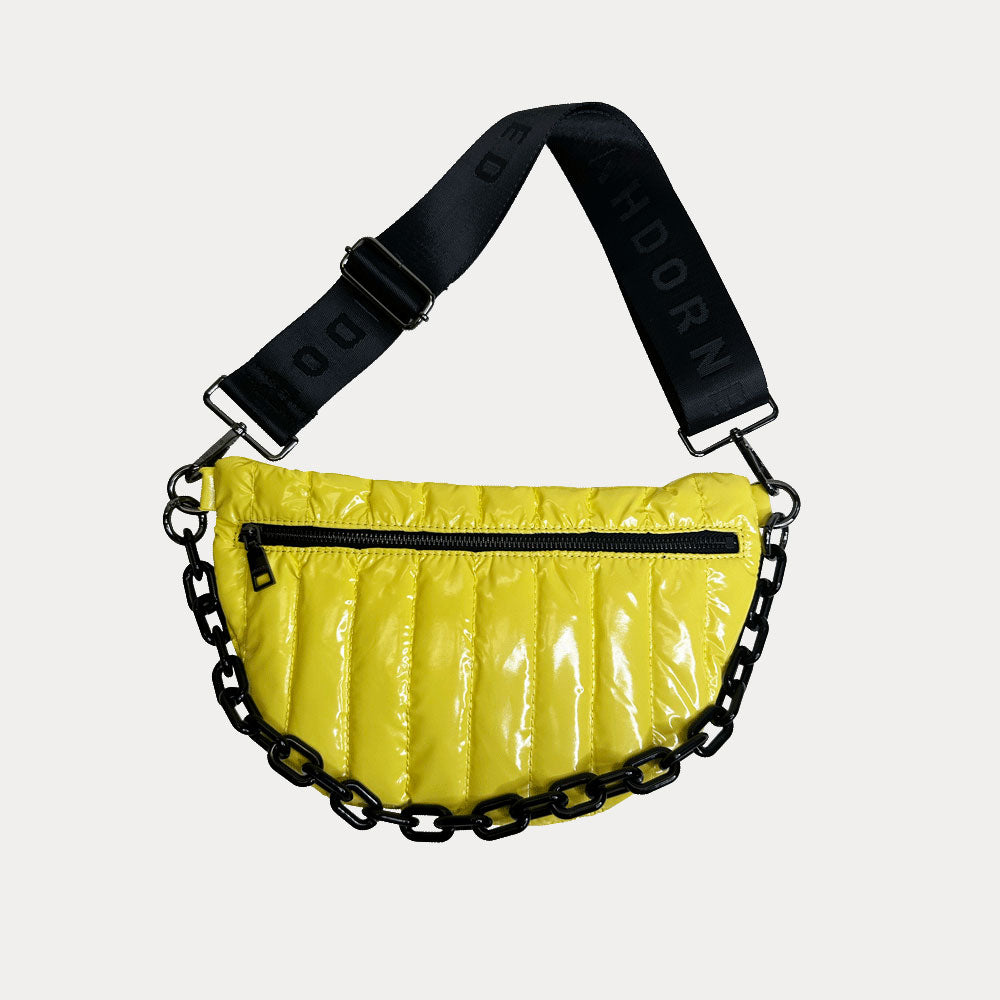 Reese Quilted Nylon Sling in Yellow, shown with resin chain and black adjustable strap