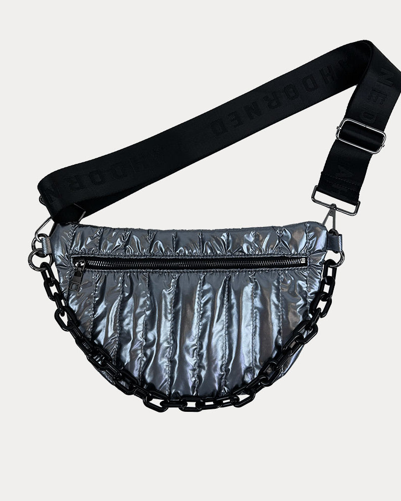 Reese Quilted Nylon Sling in Pewter, shown with resin chain and black adjustable strap