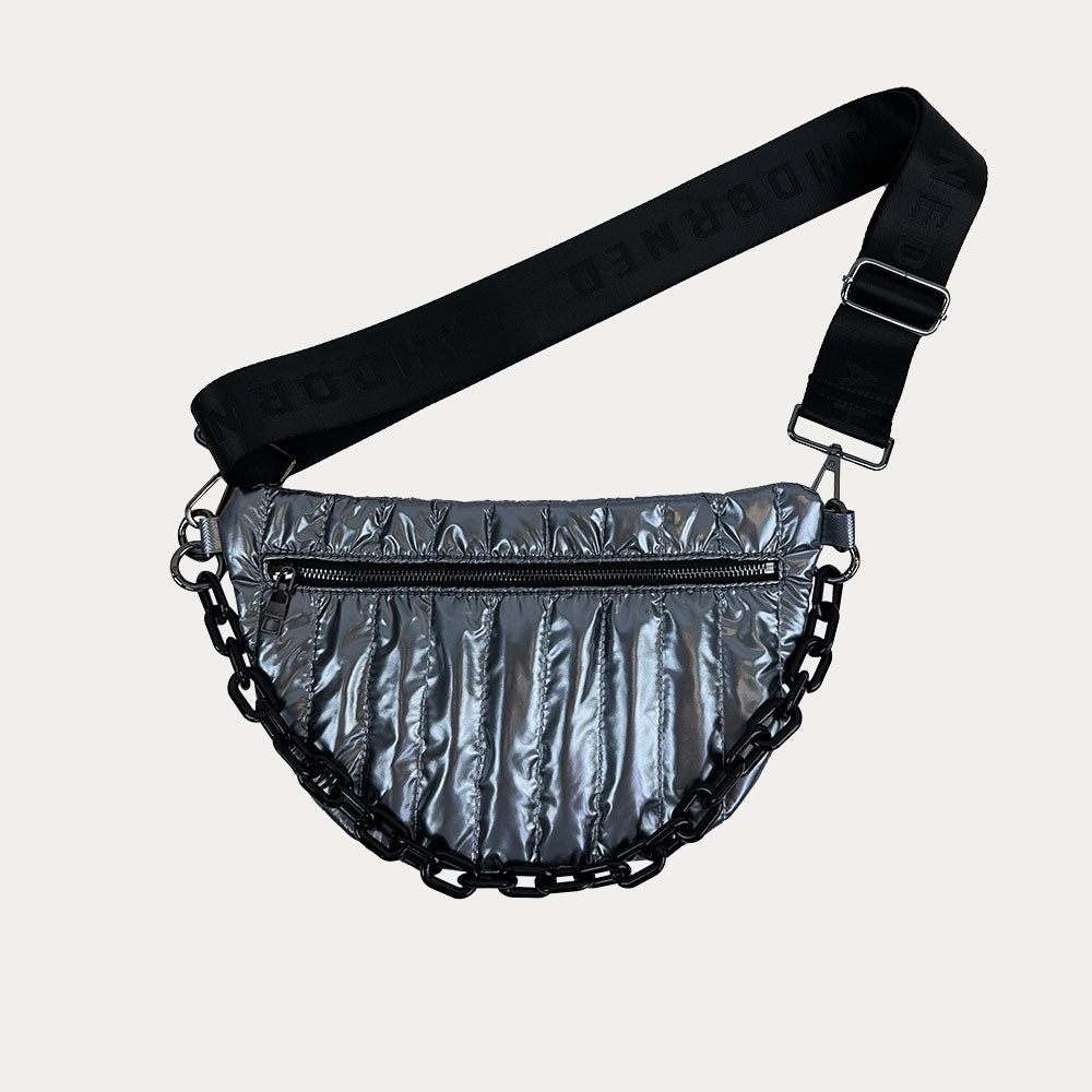 Reese Quilted Nylon Sling in Pewter, shown with resin chain and black adjustable strap