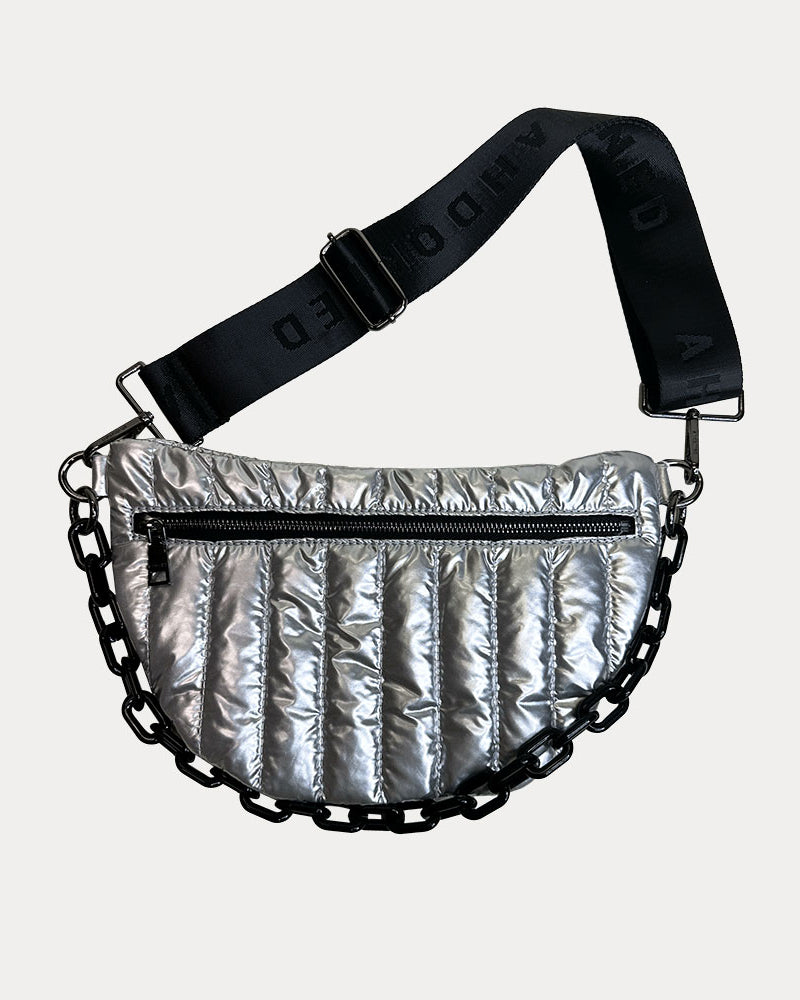 Reese Quilted Nylon Sling in Silver, shown with resin chain and black adjustable strap