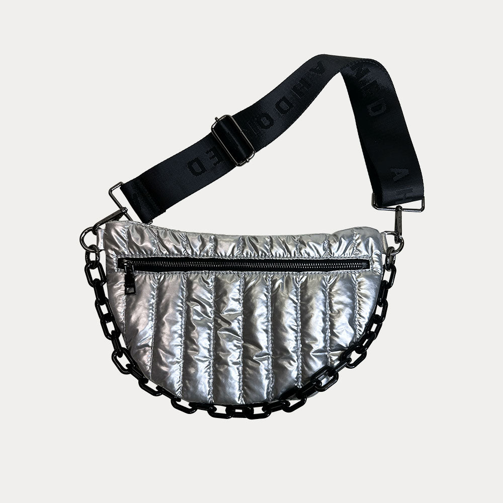 Reese Quilted Nylon Sling in Silver, shown with resin chain and black adjustable strap