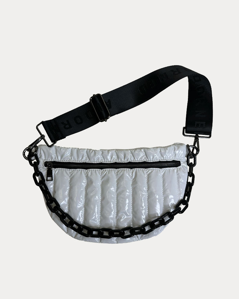 Reese Quilted Nylon Sling in White, shown with resin chain and black adjustable strap
